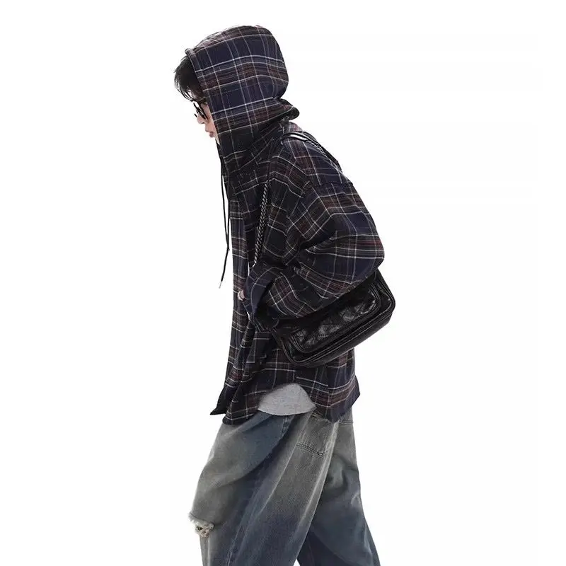 

Korean Retro Personality Plaid Hooded Long-sleeved Shirt Autumn Men's and Women's Casual Y2K Lazy Couple Coat Trend Ins