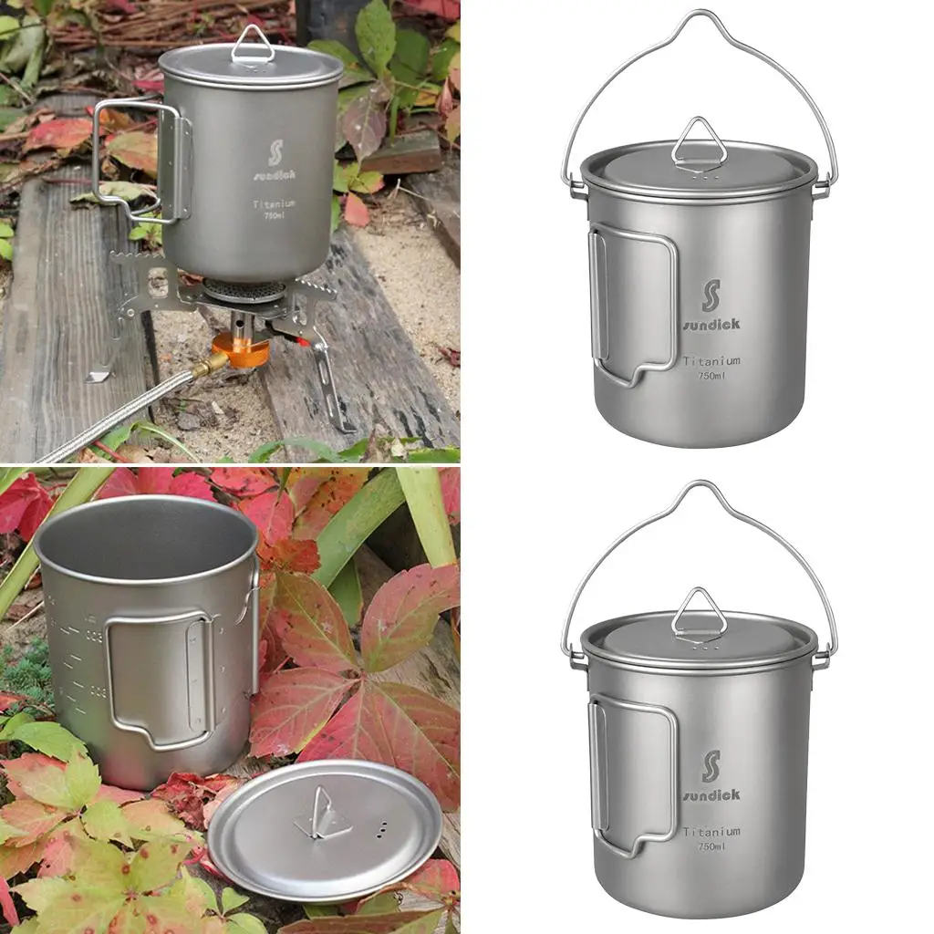 

2pcs Titanium Pot Portable Camping Hiking Cookware Water with Hanging Hook