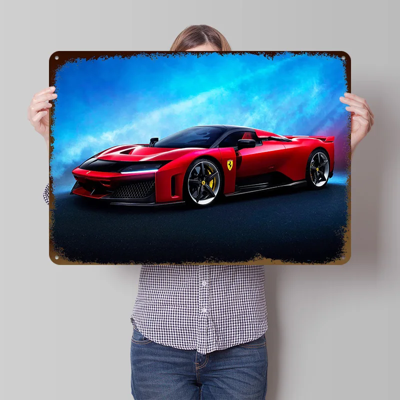 Sports Red Car Metal Poster Customized Wall Art Retro Vintage Metal Signs for Man Cave Interior Decoration Living Room Decor