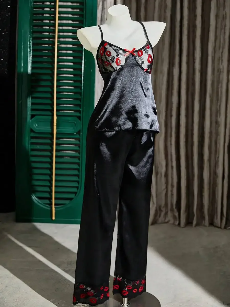 

Black Satin Pajama Set With Lip Print Lace Trim Bow Detail Sleepwear