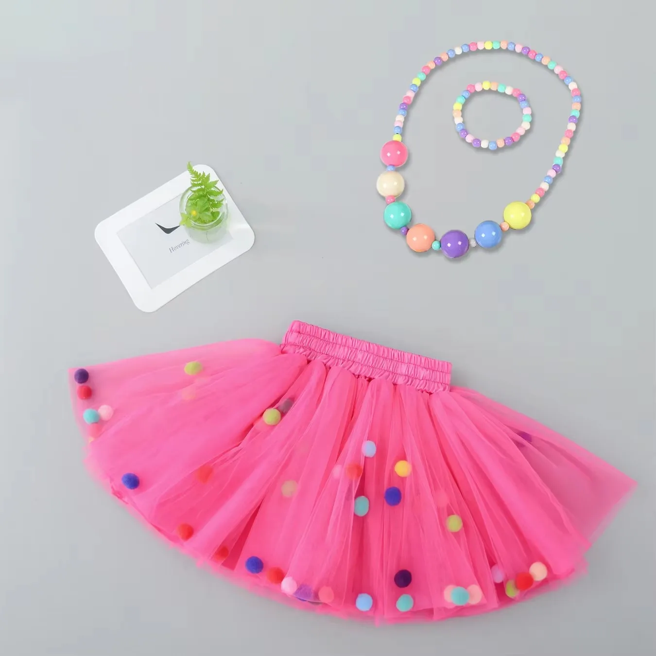 Baby's Colorful Pom-pom Decor Mesh Skirt Set Lovely Elastic Waist Skirt & Bracelet &Necklace Infant & Toddler Gir's Clothing