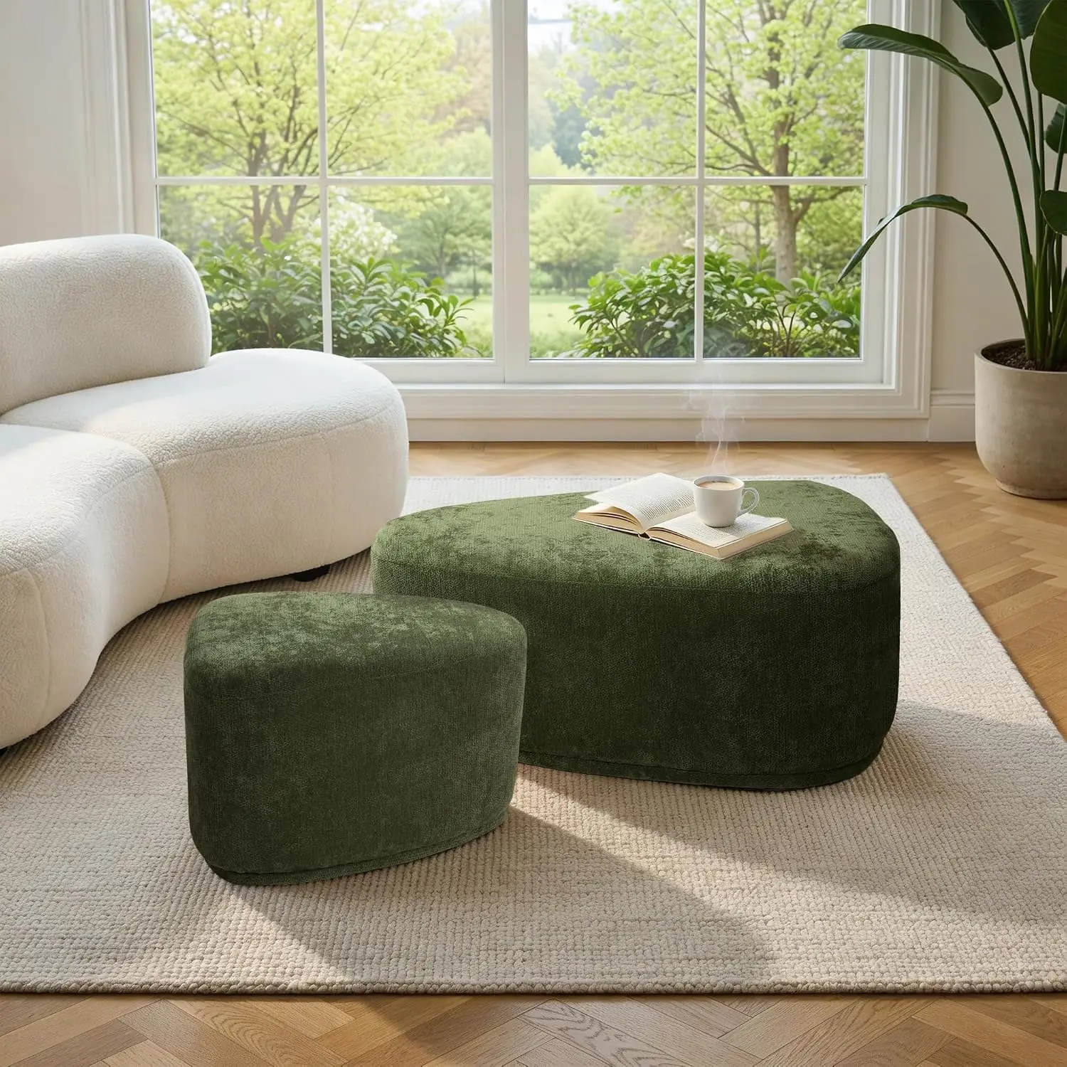 Pebble Shaped Ottoman Set, Triangle Cocktail Bench for Living Room, Upholstered Footrest Stool Chenielle Green, Customized