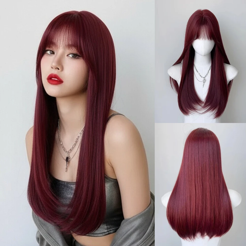 

Long Straight Red Women Fluffy Synthetic Wig with Bangs Lolita Cosplay Heat Resistant Wig for Daily Party