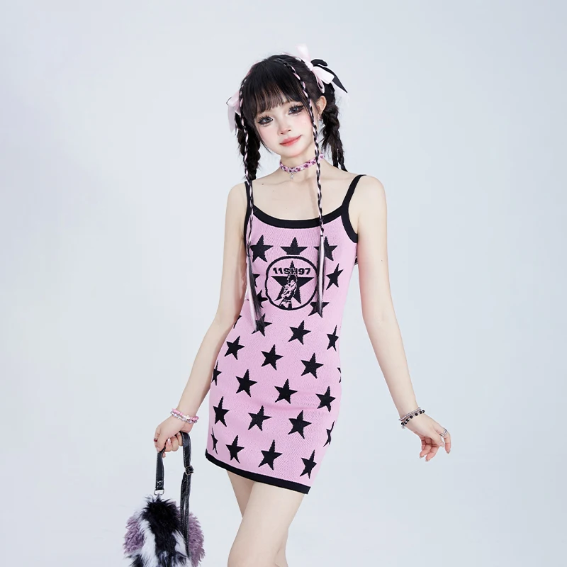 Star Jacquard Knitted Sling Dress For Female Summer Sweet Girl Dopamine Lolita Art Student Wrapped Hip Sexy Dress