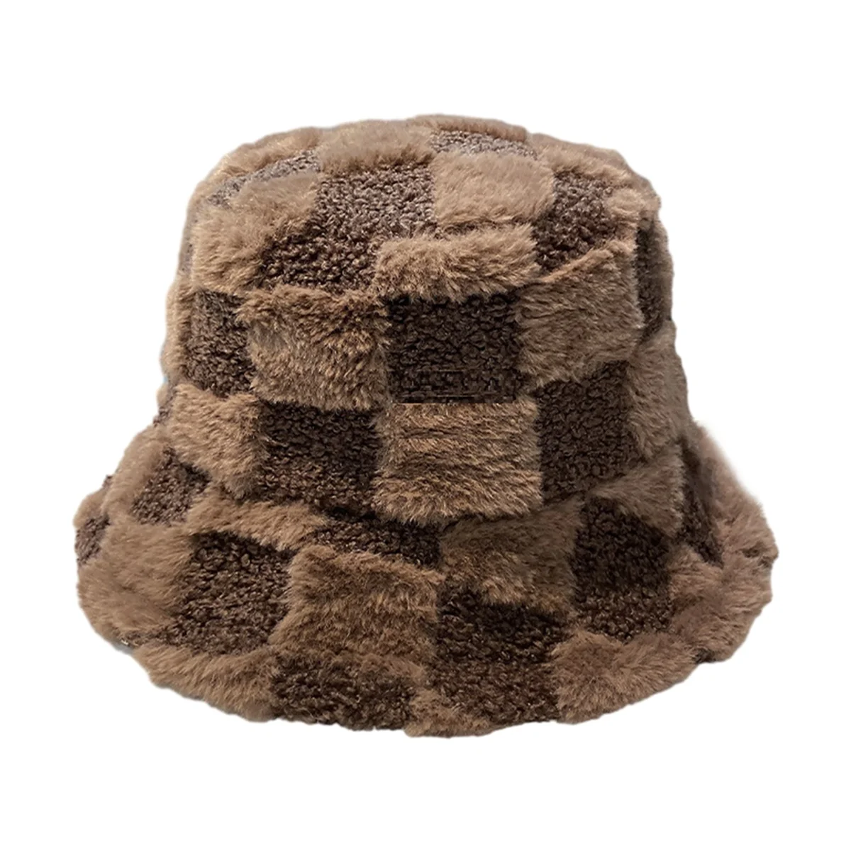 Checkered Bucket Hat Plush Adjustable Bucket Hat Furry Warm Fisherman Hat for Men & Women for Winter & Spring-Brown