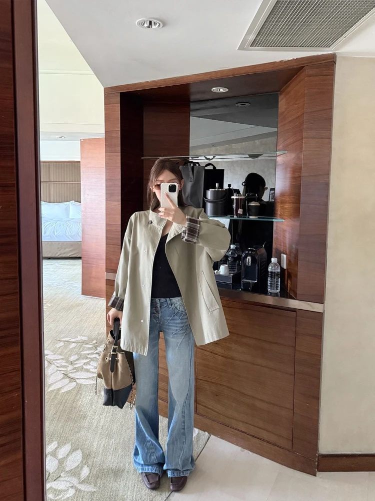 Luxury Designer Color Blocking Trench Coat Loose Fit Slimming Waterproof Winter Coat