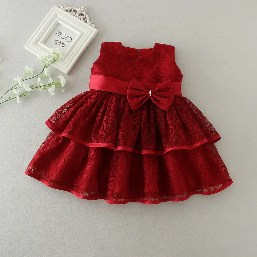 2024 New Lace Baby Girl Baptism Dress Red Infant Princess Dresses For Formal Occasion 1 Year Birthday Dresses Ceremonial Garb