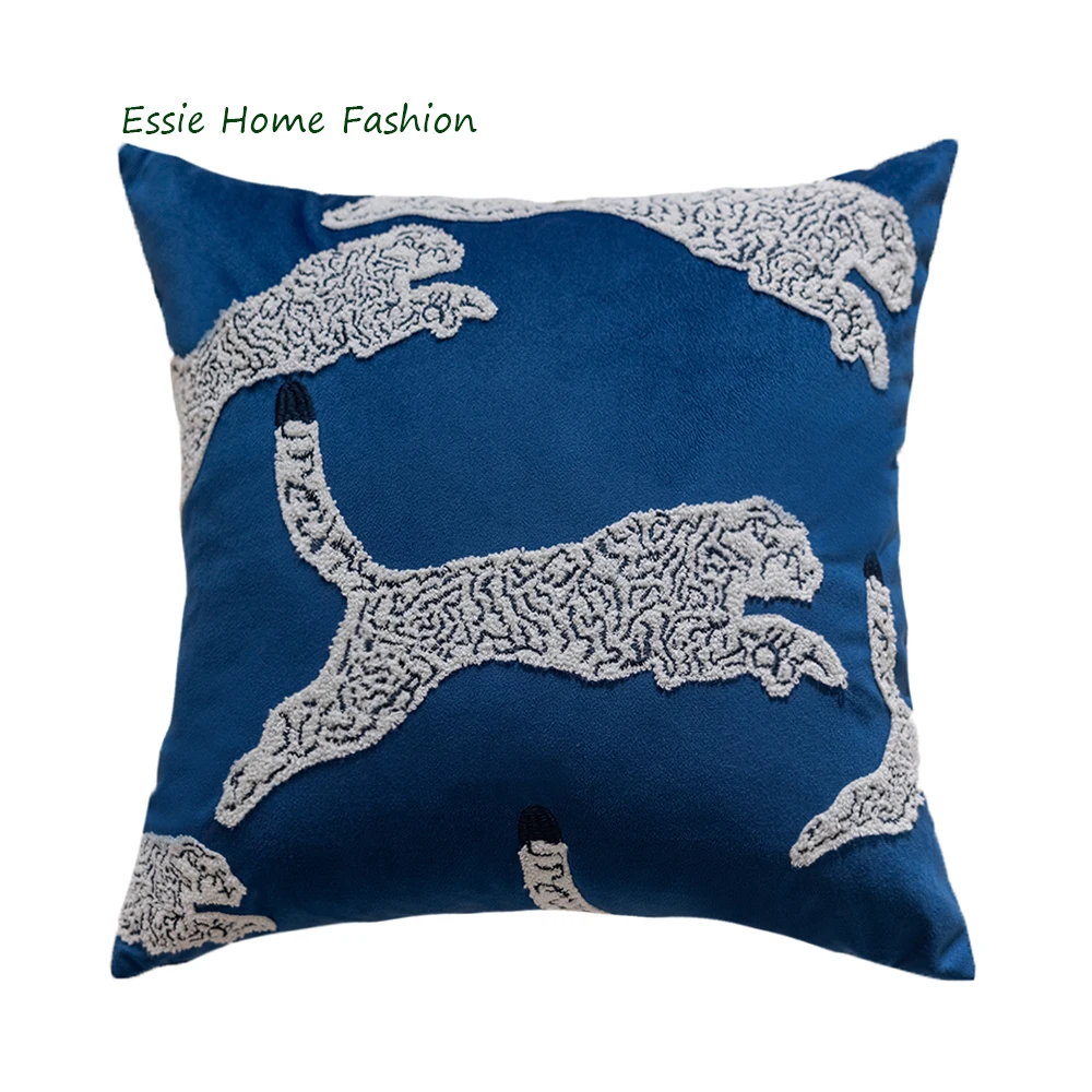 ESSIE HOME Royal Blue Velvet  Sapphire Blue Leopard Jaguar Cheetah Embroidered Cushion Cover Pillow Case