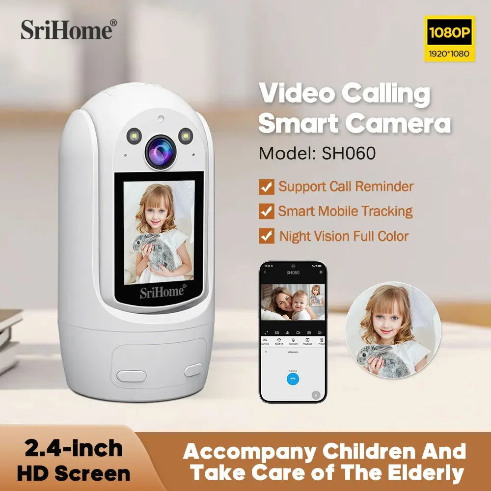 Srihome SH060 PTZ Wifi Camera Video Call with 2.4 Inch IPS Screen Baby Cry Sound Detection Security IP Camera CCTV Baby Monitor