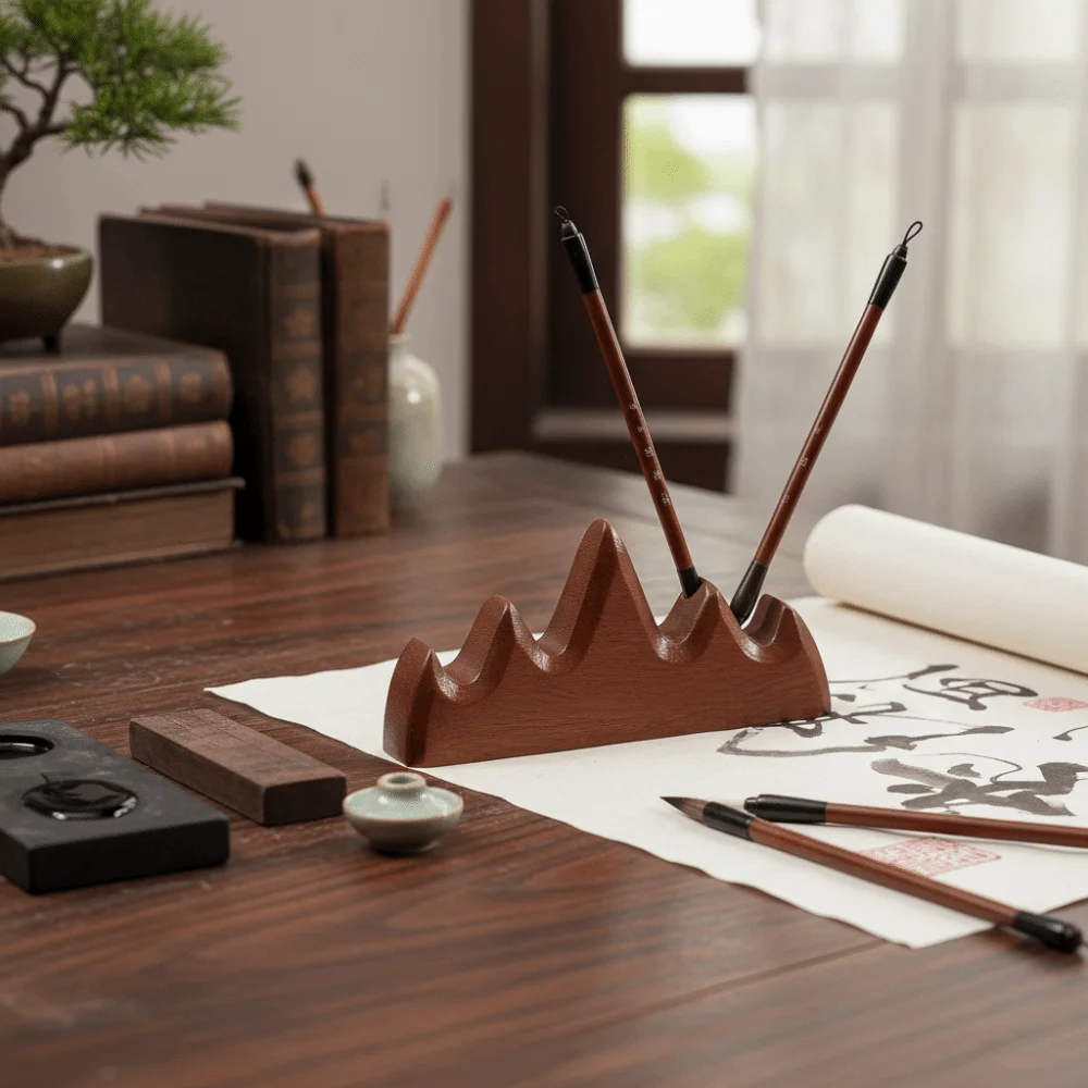 Chinese Style Solid Wood Pen Holder Handcrafted Red Wood Pen Stand Premium Brush Holder Desktop Display