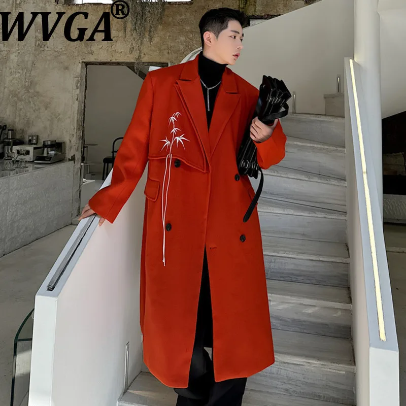 

WVGA Autumn Winter New Man Leather Patchwork Embroidery Trendy Thick Wool Coat Niche Chic Mid-Length Ribbon Trench Jacket W12939