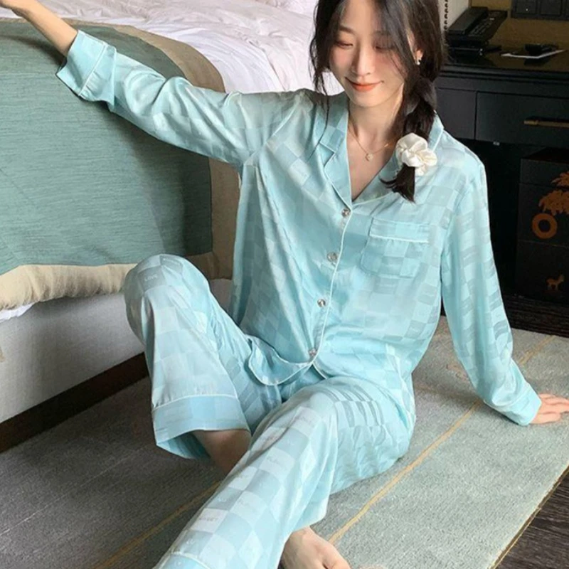 2-piece set maternity ice silk French high value pajamas Spring and Autumn thin section of long-sleeved trousers silk loungewear