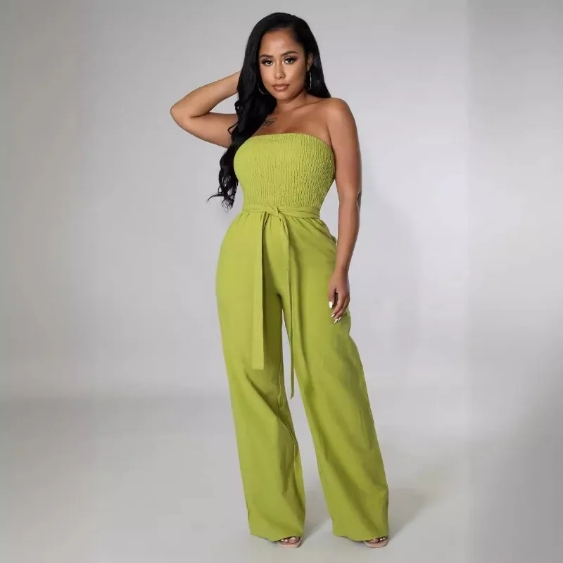 

Women Solid Loose Casual Summer Jumpsuits Elastic Pleated Strapless Wide Leg Pants Overalls with Belt Fashion Holiday Streetwear