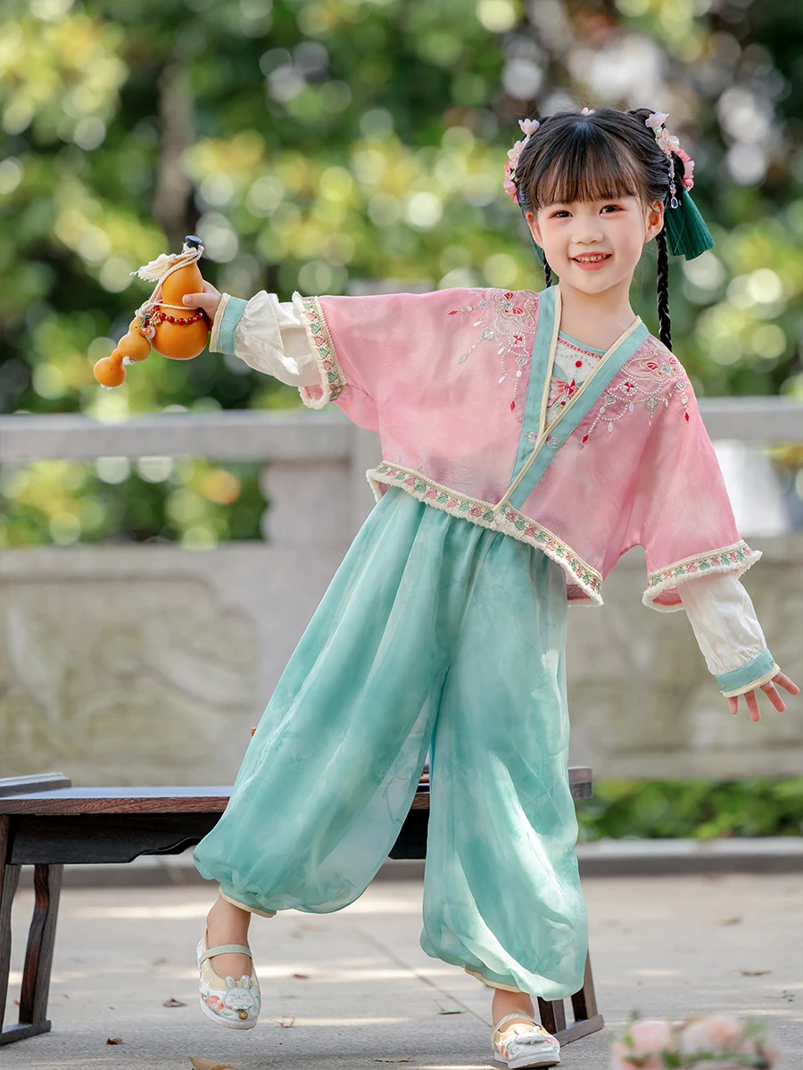 Hanfu Girls Autumn Clothing 2024 New Female Baby Chinese Style Tang Suit Three-Piece Set Children Antique Style Suit