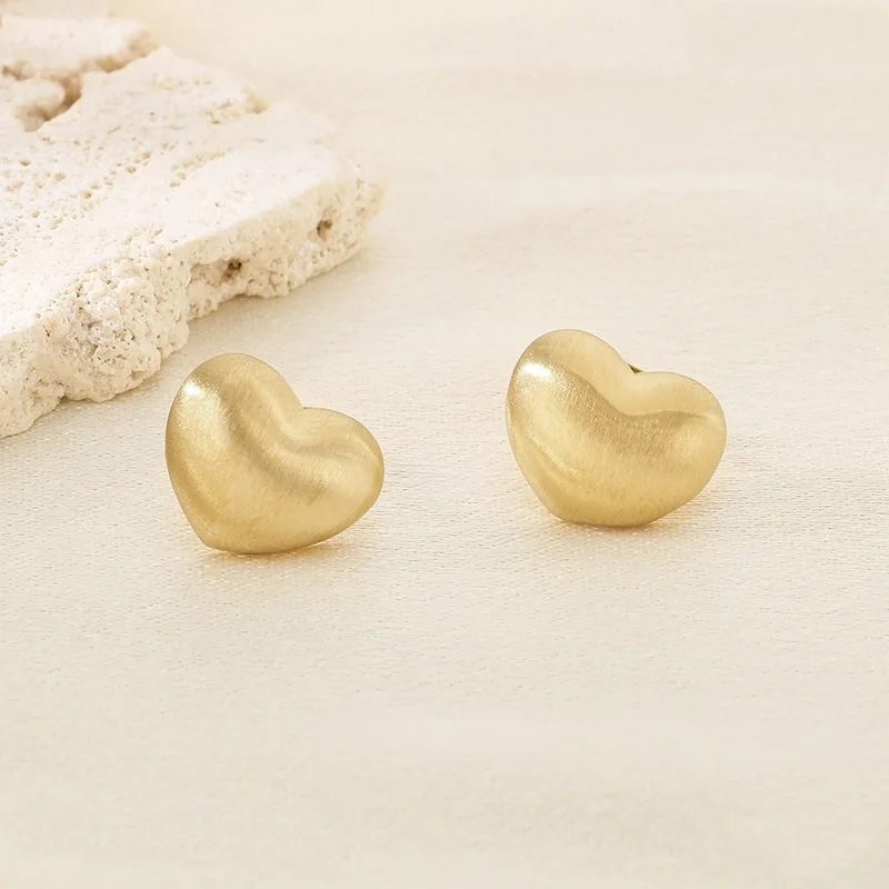 Gold Color Frosted Surface Love Heart Shaped Stud Earrings Women Minimalist Fashion Girl Wedding Bridal Jewelry Gifts