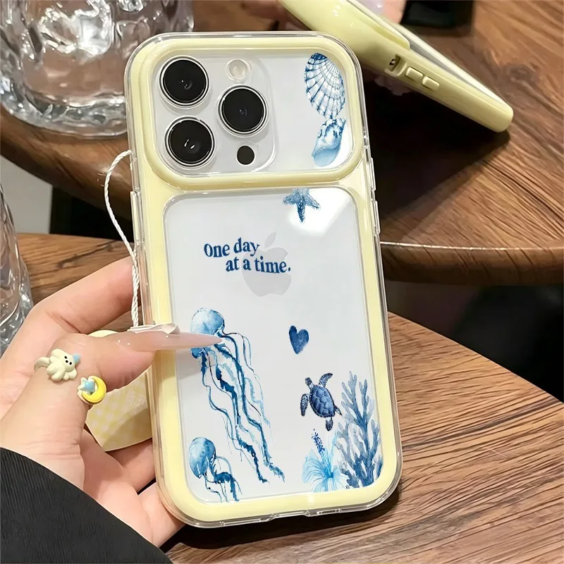 Watercolor Ocean Jellyfish Turtle Starfish Print Phone Case For iPhone 11-17Series, Large Clear Window Shockproof Soft TPU Cover
