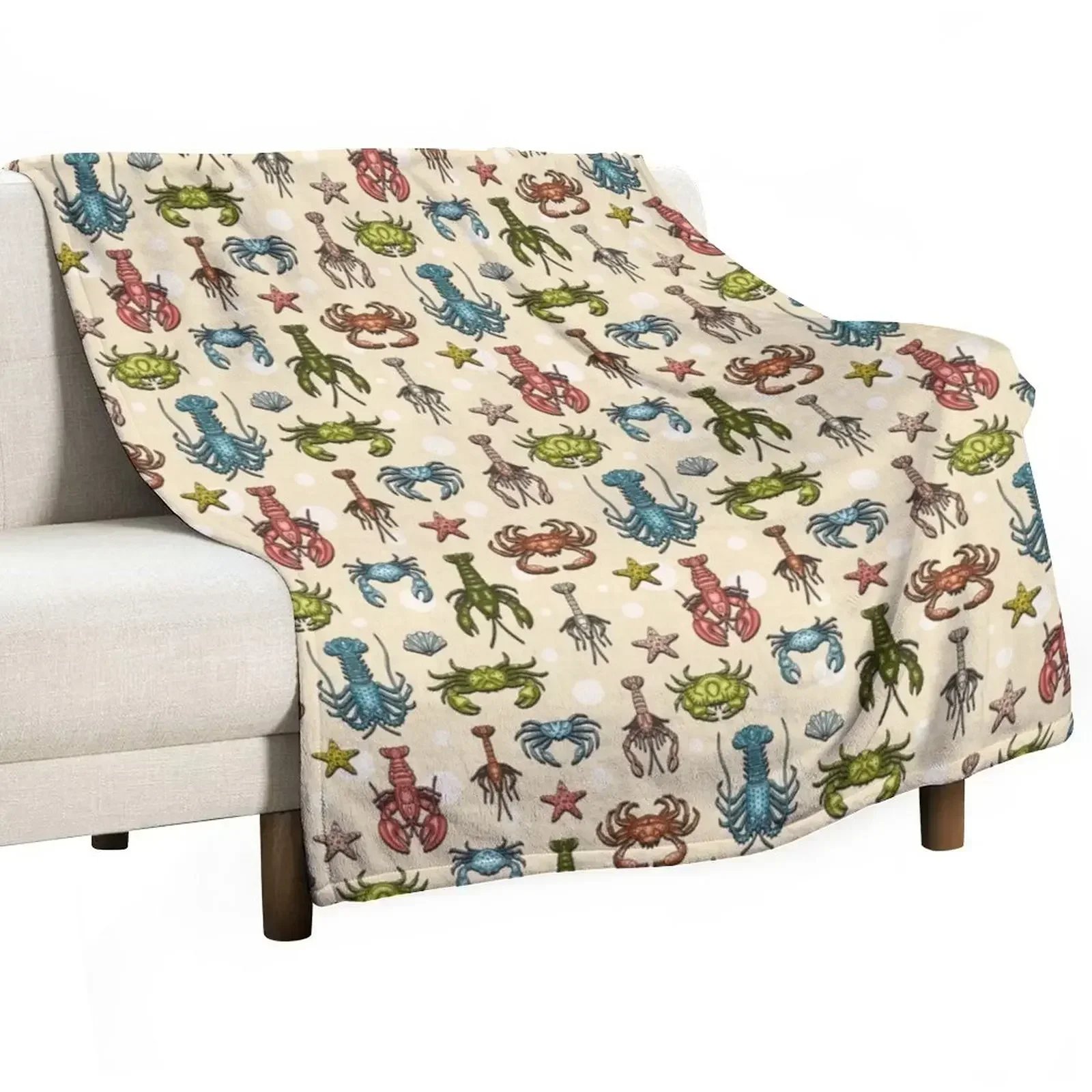 

Crabs, Lobsters and Shrimps on Beige Pattern Throw Blanket for sofa warm winter Luxury Designer Warm Blankets