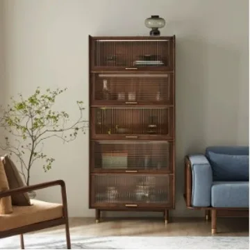 Nordic simple solid wood bookcase shelf, black walnut with glass door, living room Japanese display cabinet, wall storage