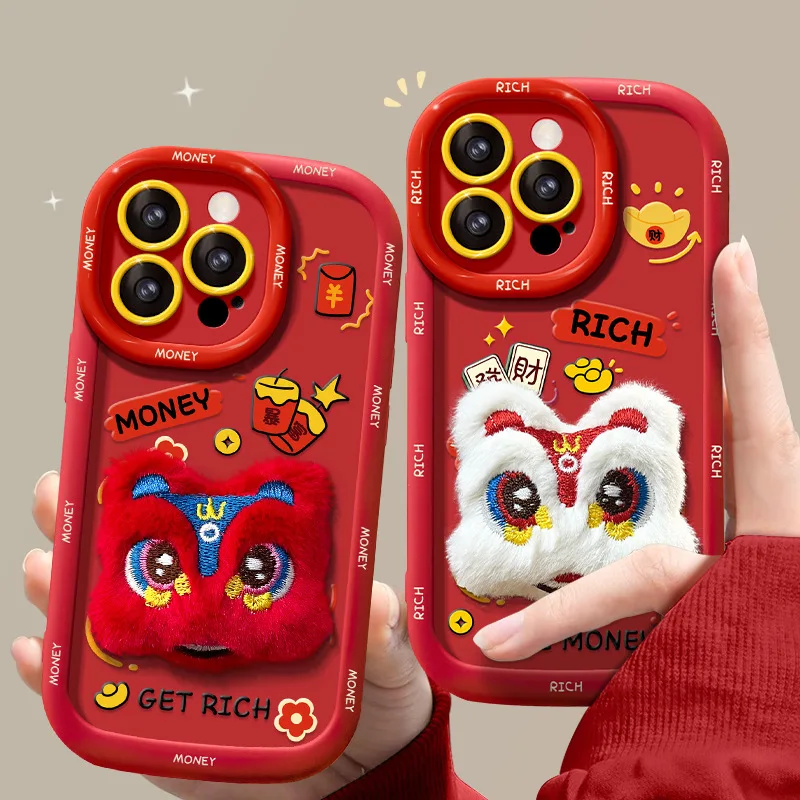 مناسبة لهاتف آيفون 15 برو ماكس آيفون 14 لعبة رقص الأسد القطيفة 13 احتفال السنة الجديدة 12 سيليكون ناعم