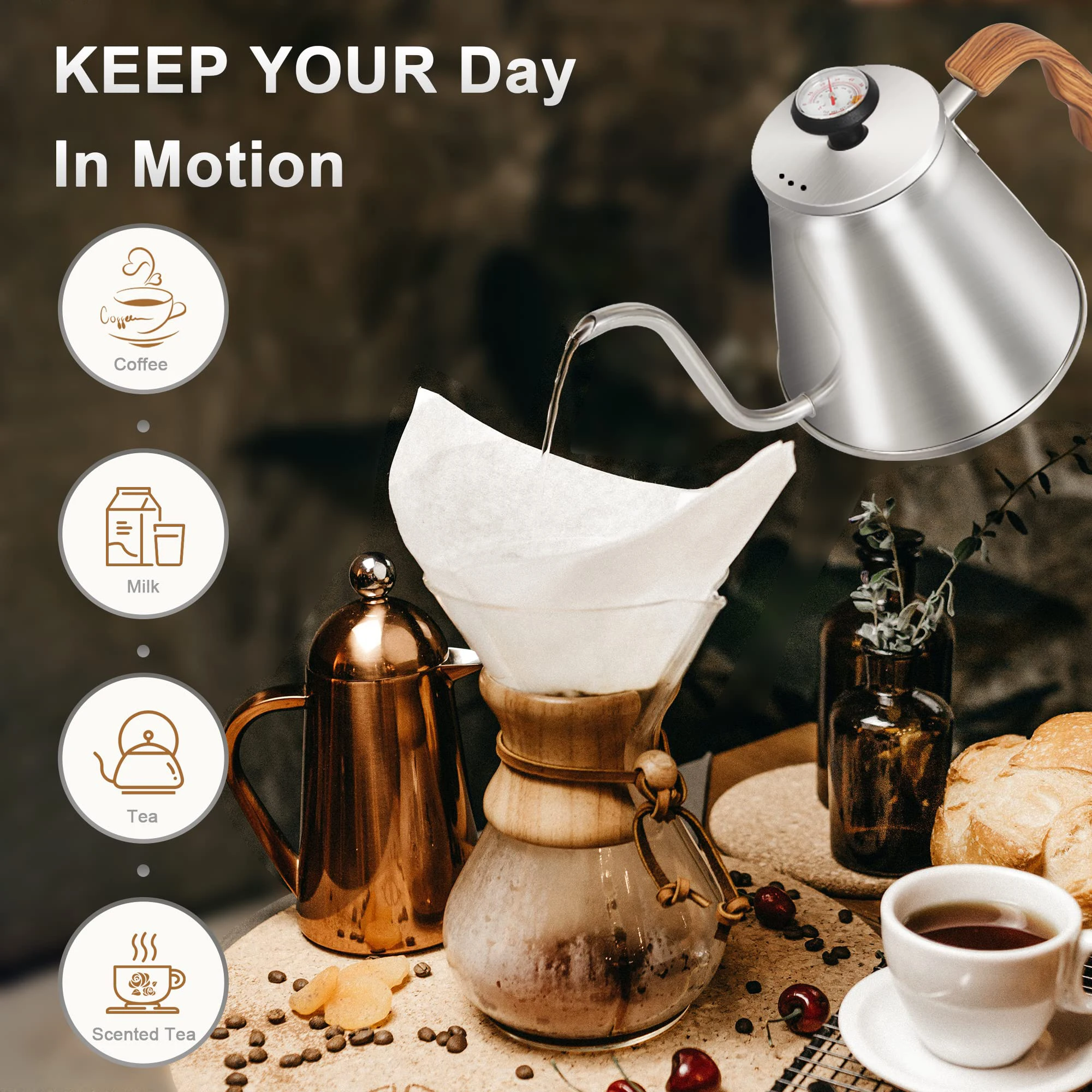 1.2L Stovetop Gooseneck Kettle with Thermometer,Stainless Steel Pour Over Coffee Pot Teapot Anti-scald Handle Drip Coffee Maker