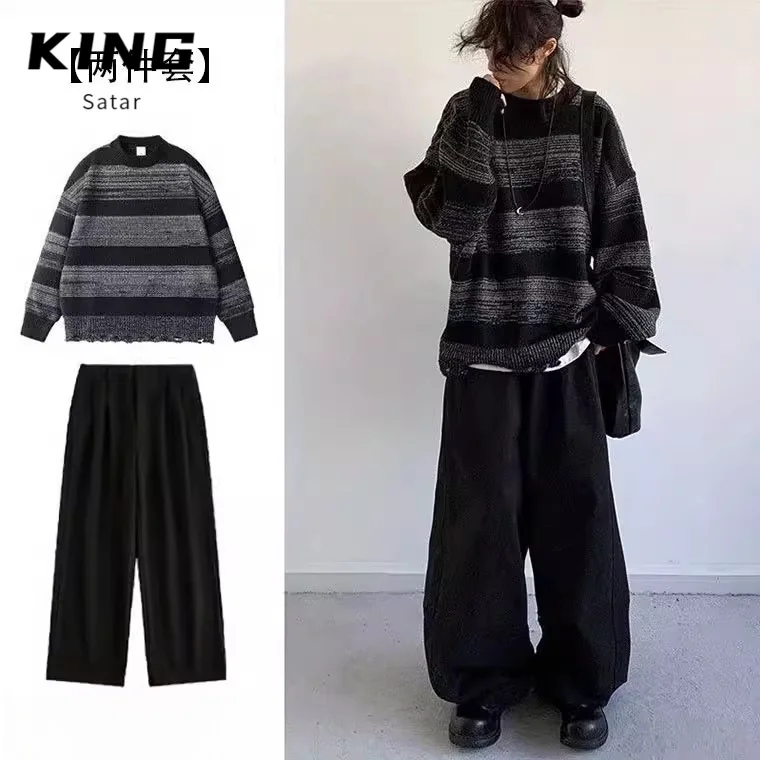 

Men's Lazy Style Striped Sweater Jacket Autumn Winter Set Two Pieces Matching Color Block Design Long Sleeve Polyester Blend