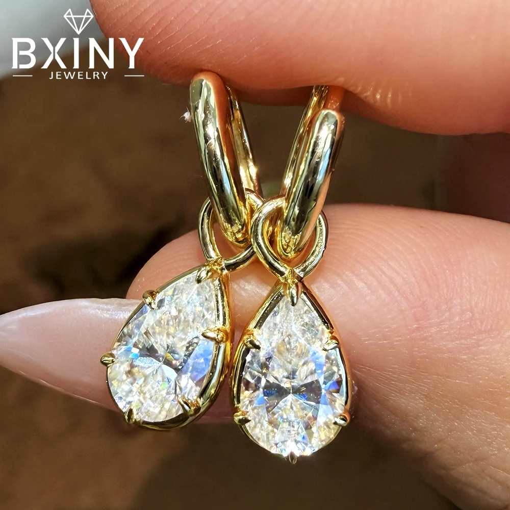 BXINY 1Carat WaterDrop Moissanite Hoop Earrings Pure S925 Silver Pear Cut Diamond Ear Buckle for Women Wedding Fine Jewelry Gift