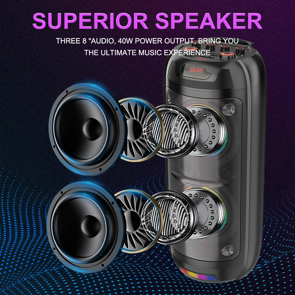 Portable Bluetooth Party Speakers 1600W Peak High Power and Rechargeable Battery with Microphone Karaoke Mode Party LED Lights