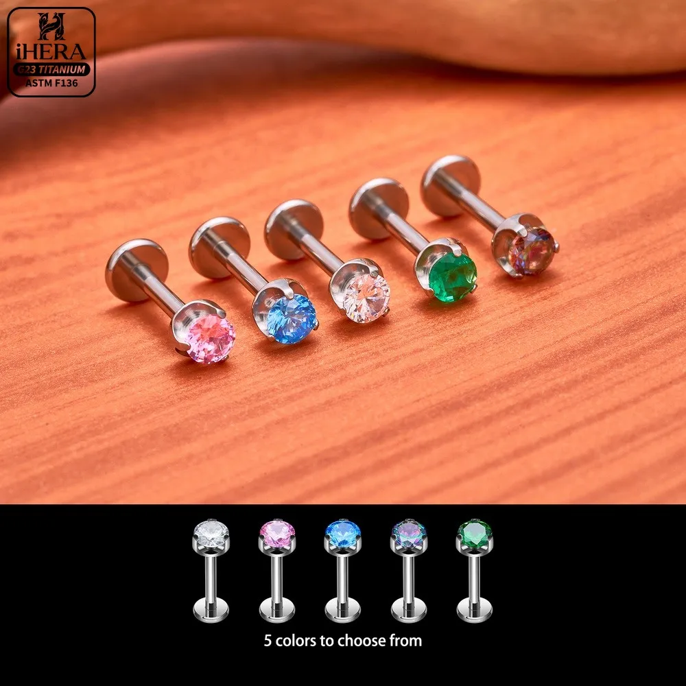 ASTM F136 Titanium Round Prong Sparkly CZ Internally Threaded Labret Lip Monroe Conch Tragus Piercing Body Jewelry Wholesale