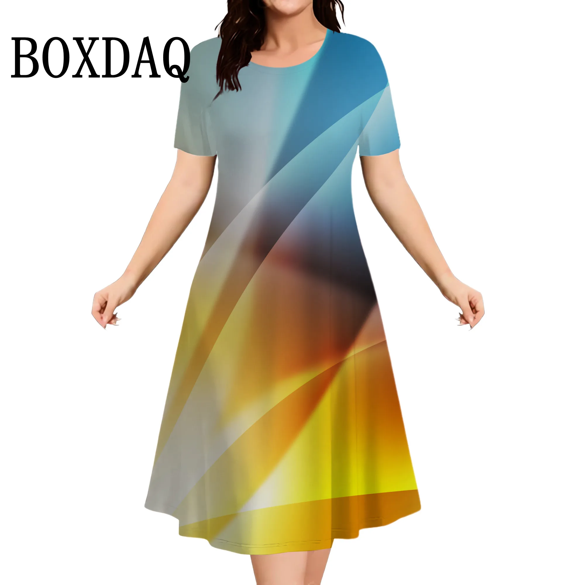 Gradient Printing Women Mini Dress Summer 2025 Fashion Casual A-Line Party Dress Female Plus Size Loose Short Sleeve Dresses 9XL