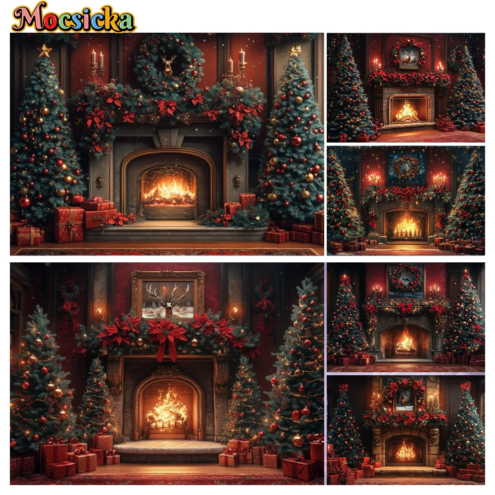 

Mocsicka Winter Christmas Photography Backgrounds Fire Xmas Tree Holiday Party Adults Children Photo Backdrops Studio Props