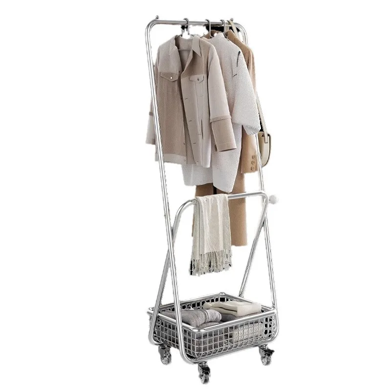 Clothing store display rack movable with wheel rack floor coat rack with basket live stream photo women's clothing hanger