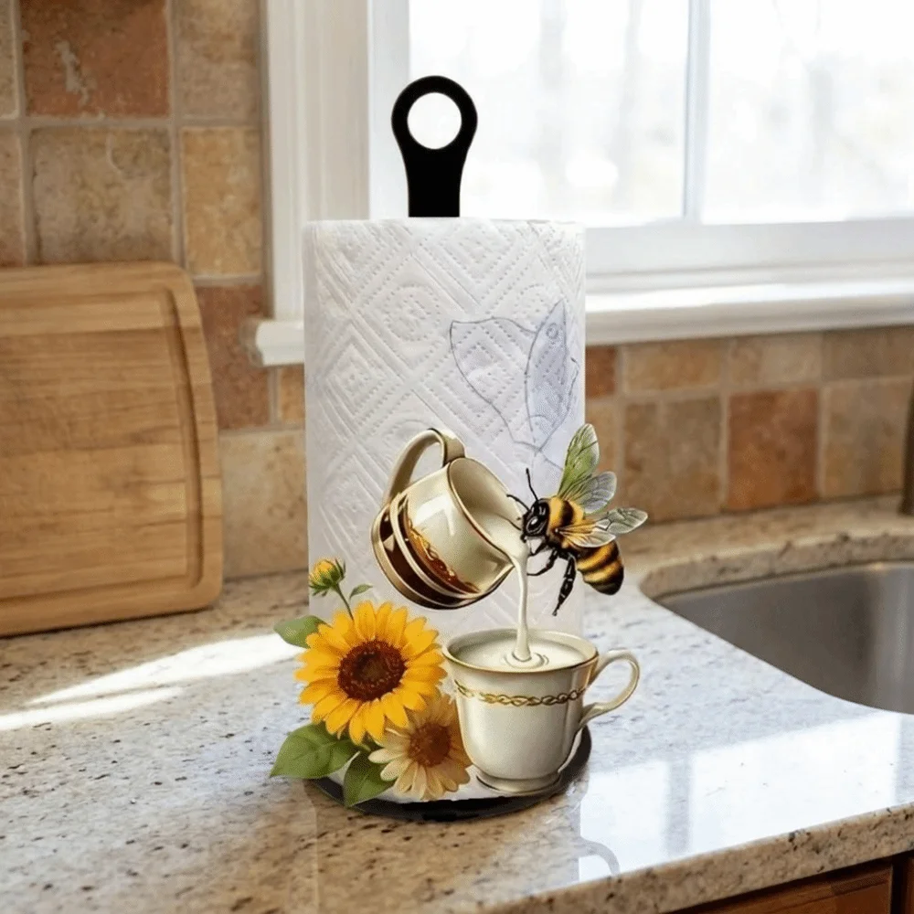 2D Flat Acrylic Roll Paper Towel Holder Sunflower Floral Wooden Base Vertical Napkins Rack Freestanding Decorative Tissue Holder