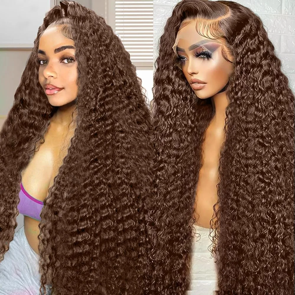 Chocolate Brown Deep Wave 100% Human Hair 34 Inches 200 Density 13x4 13x6 HD Lace Wig With Baby Hair For African American Ladies