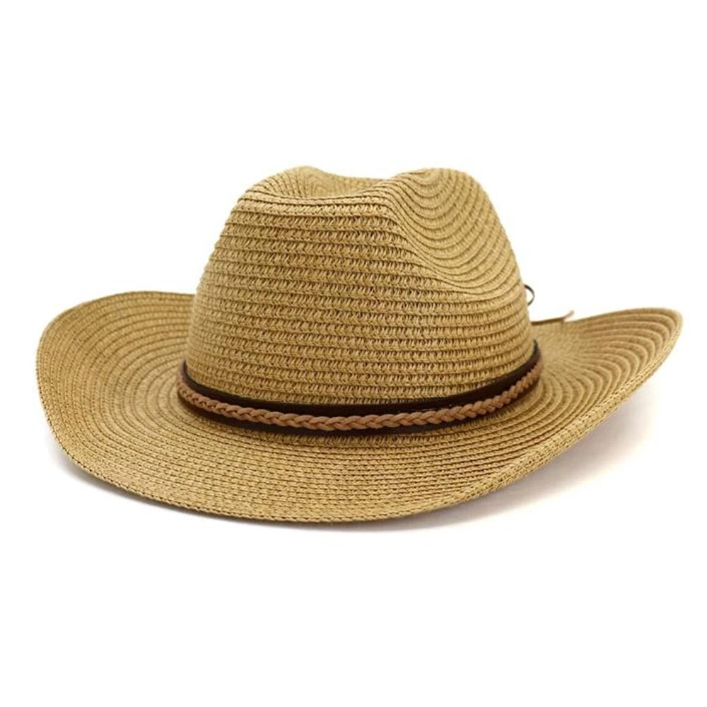

Fashion Khaki Straw Cowboy Hat Women Men Summer Straw Sun Hat Wide Brim Sombrero Cowgirl Cap New Design Brand High Quality