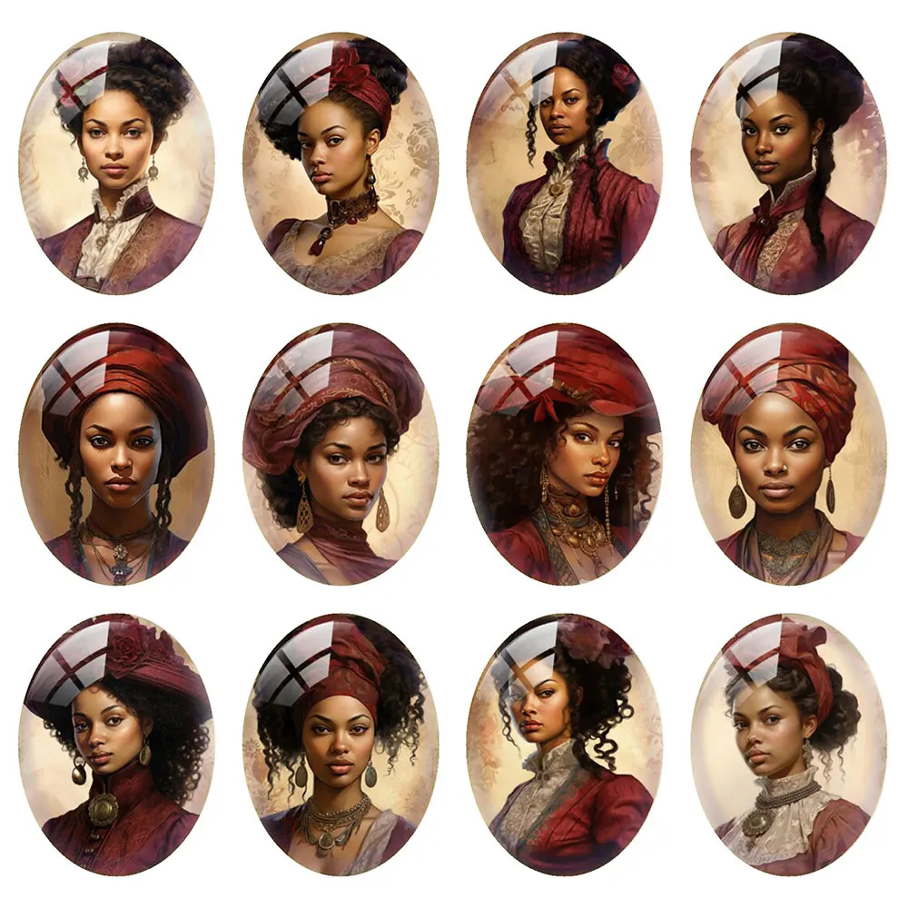 Random Mixed Round/Oval/Square Vintage Red-toned African Woman Photo Glass Cabochon Flatback Demo Cameo For Diy Jewelry Making