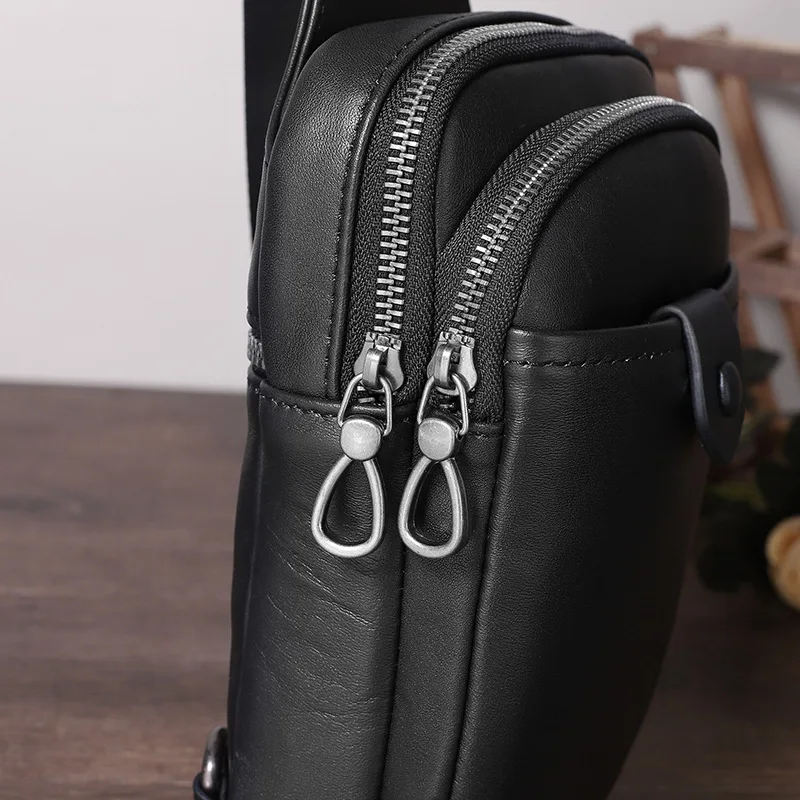 Men Genuine Leather Crossbody Bag Top Grain Cowhide Chest Pack for Outdoor Travel, Vintage Anti-Theft Sling Bag