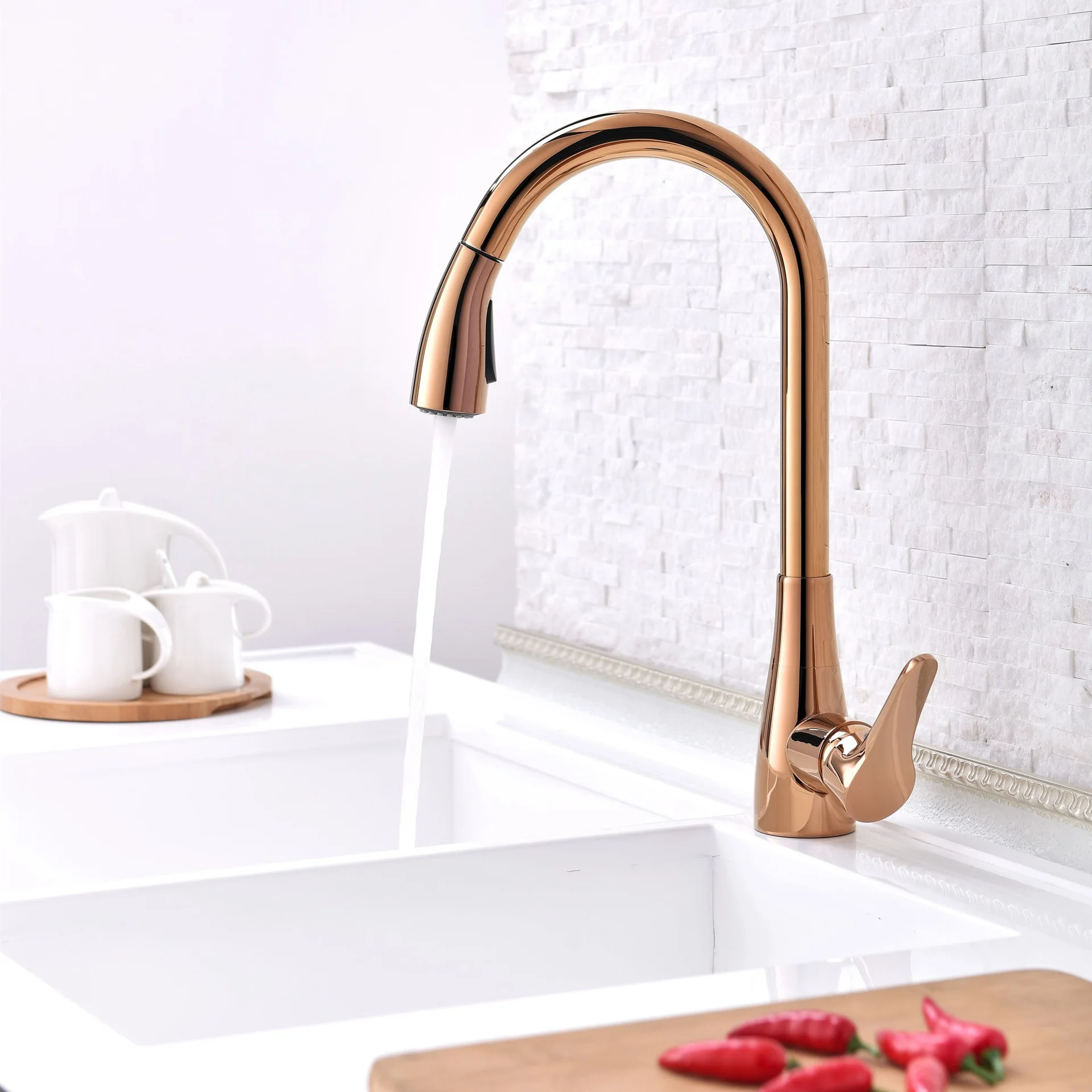 Gold Kitchen Faucet Pull Out Single Lever Brass Rotation Hot and Cold Rose Gold  Water Saving Decked Sink Mixer Tap New