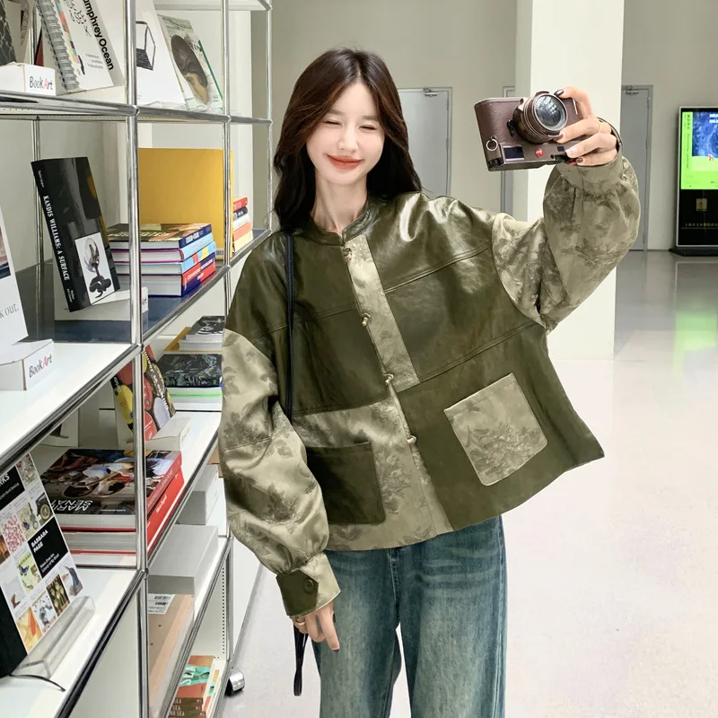 

Women's PU Leather Jacket, Military Green, Retro Color-Blocking Jacquard Splice, 2026 Spring New Chinese-Style Elegant Top