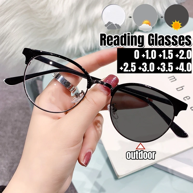 

Photochromic Presbyopia Glasses Half Frame Metal Color Changing Reading Glasses Unisex Women Anti Blue Light Eyeglasses