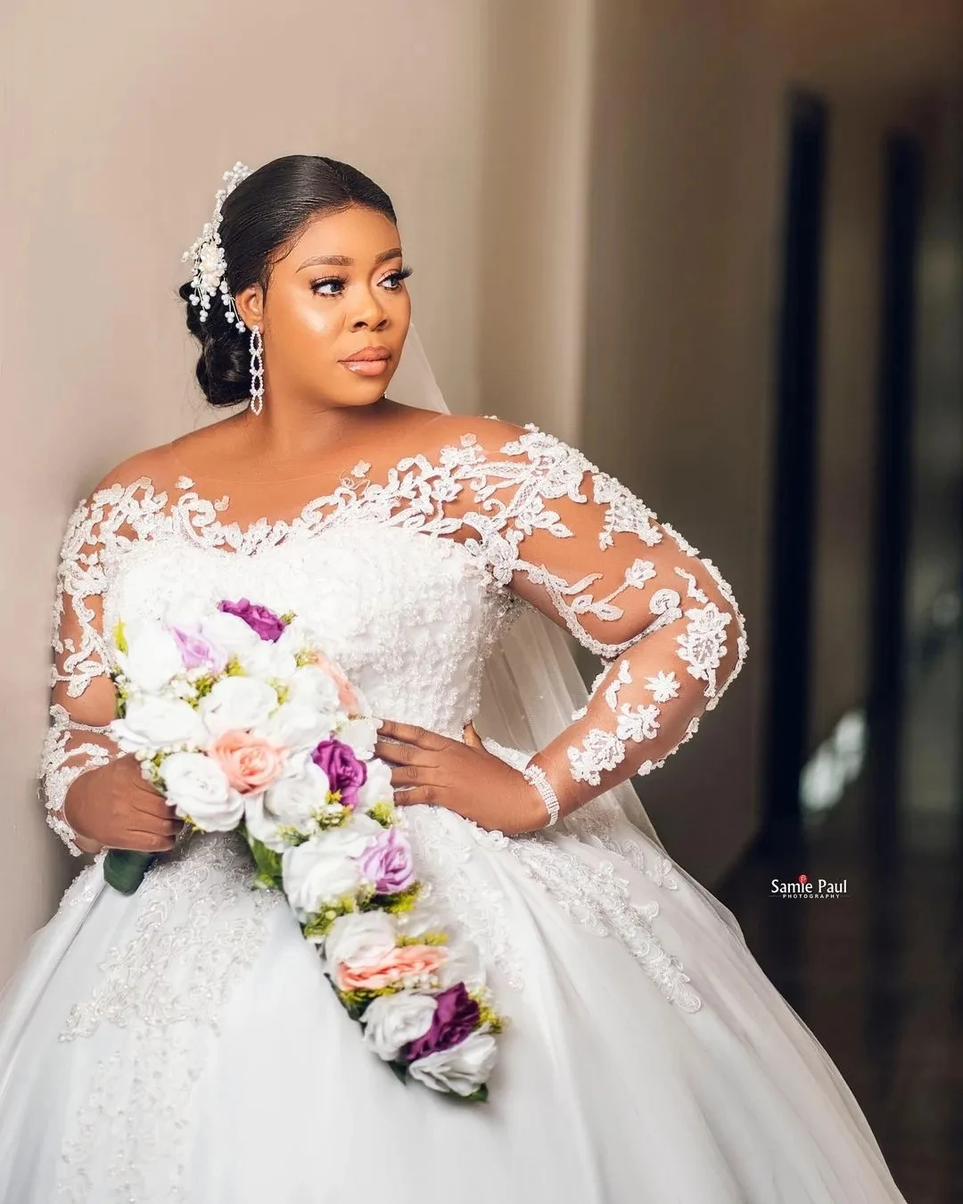 PLUS ขนาดแอฟริกันชุดแต่งงานสีดําสาวบอลชุดแขนยาวลูกไม้ Aso Ebi มุสลิมชุดเจ้าสาว Vestido De Novia ที่กําหนดเอง