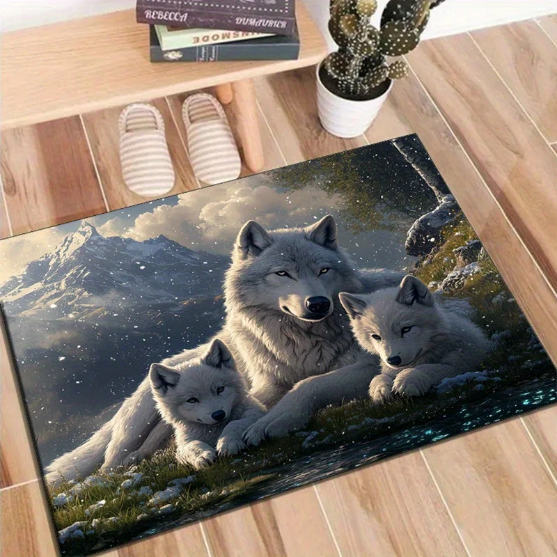 

1pc White Wolf Mountain Landscape Printed Carpet, Crystal Velvet Fabric, Suitable for Bedroom and Living Room Decoration