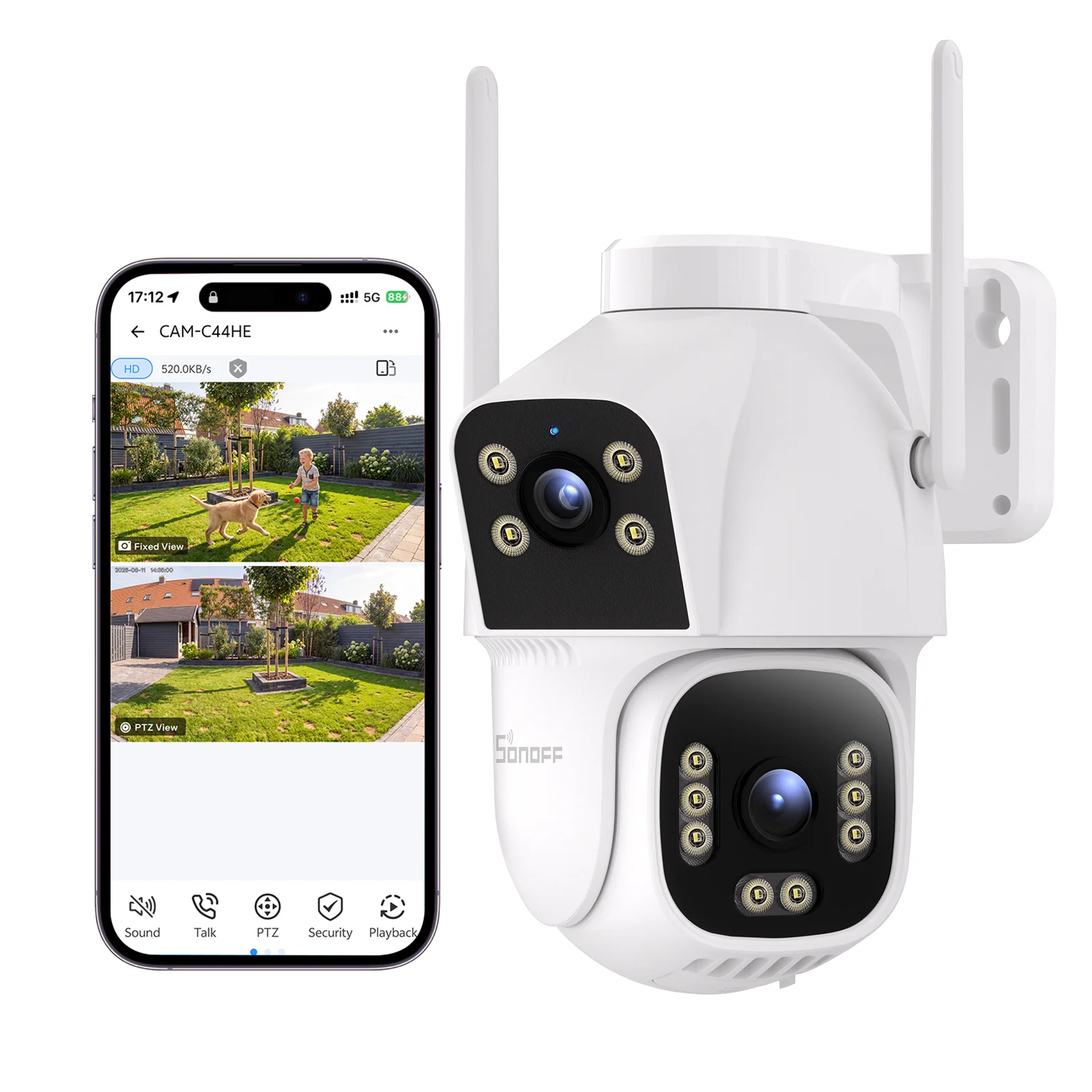 SONOFF CAM Outdoor DUO – inteligentna kamera zewnętrzna z podwójnym obiektywem, hub do systemów monitoringu, model CAM-C44HE, inteligentny hub Zigbee 3.0, centralny element systemu nawadniania/monitoringu. — zdjęcie produktu 7