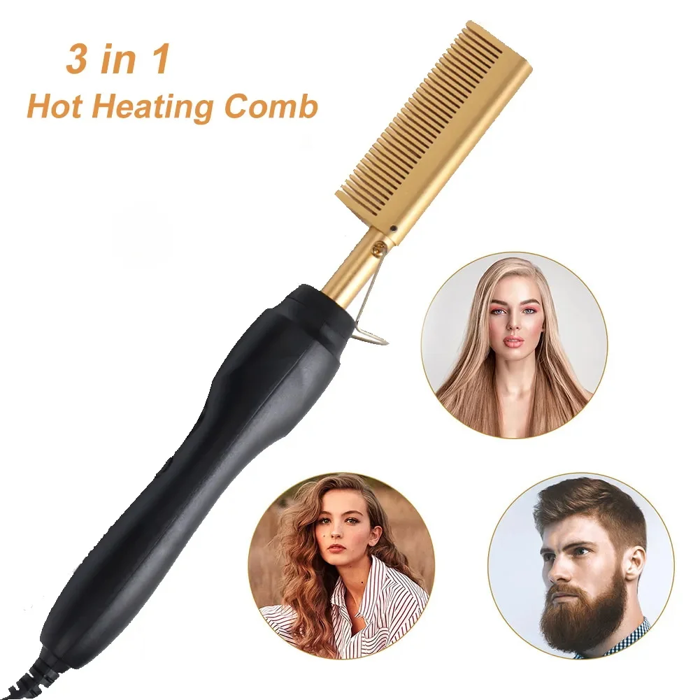 

Electric Hot Heating Comb 3-in-1 Hair Straightener Hair Smooth Flat Iron Straightening Brush for wigs Curling Iron
