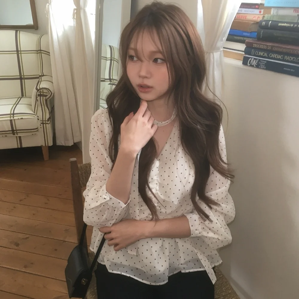 Nimo Home French Style V-Neck Polka Dot Sash Gauze Shirt Women's Daily Wear Long Sleeve Polyester Fiber Crinkle Gauze Blouse