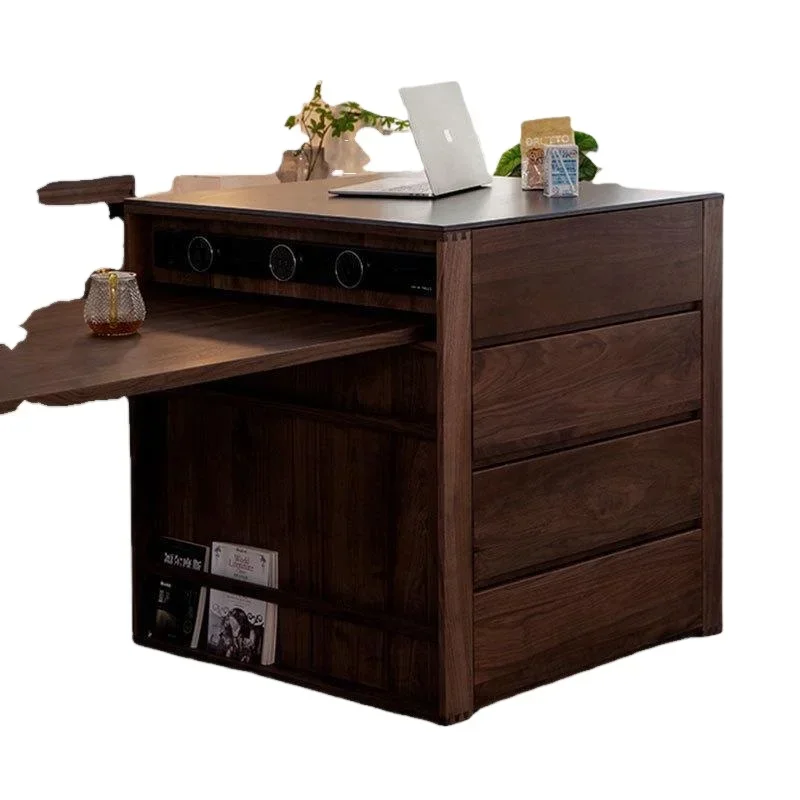 Black walnut solid wood island, dining table integrated retractable rock slab cave board, middle island island island separate