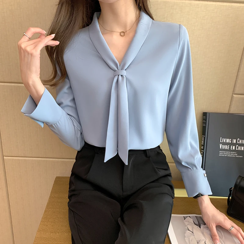 Long Sleeve Chiffon Blouse Shirt Blouse Women Blusas Mujer De Moda 2024 Bow V-Neck Office Lady Blouse Tops Women Blouses E203