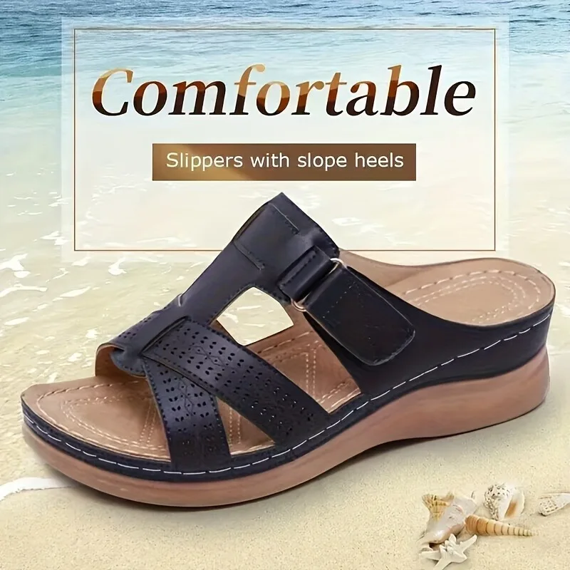 Sandales compensées orthopédiques haut de gamme pour femme, été 2026, à bout ouvert, en cuir vintage antidérapant, style décontracté, plateforme rétro