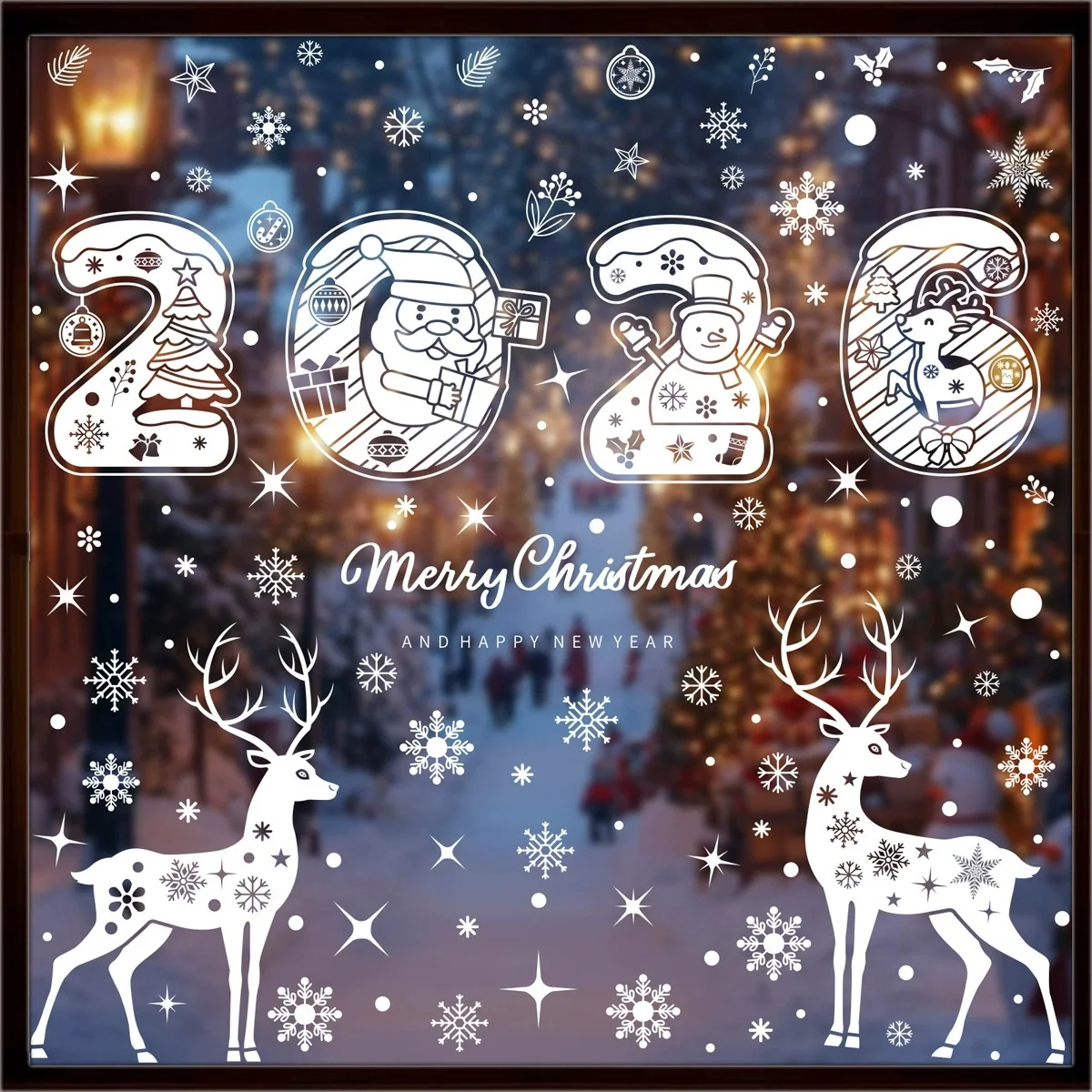 Winterfenster 2026 Frohe Weihnachten Schneeflocke Elch Schneemann Aufkleber Wiederverwendbare statische Fensteraufkleber für Zuhause Innen Glastür