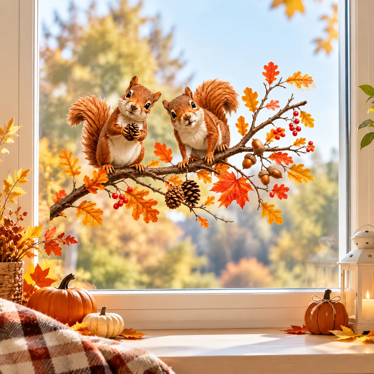 1pc Maple Branch Squirrel Acorn Window Sticker, Self Adhesive Fall Autumn Thanksgiving Halloween Home Decor Window Decal