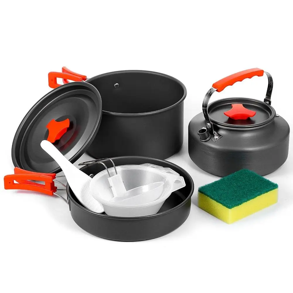 سبائك الألومنيوم التخييم طقم أواني طهي طلاء غير لاصق المحمولة في الهواء الطلق مجموعة الطبخ تخزين قابل للطي السفر أدوات المائدة السفر
